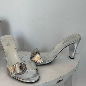 Gucci Silver Patent Slide Sandals Buckle Mules Vintage Womens 7C Italy